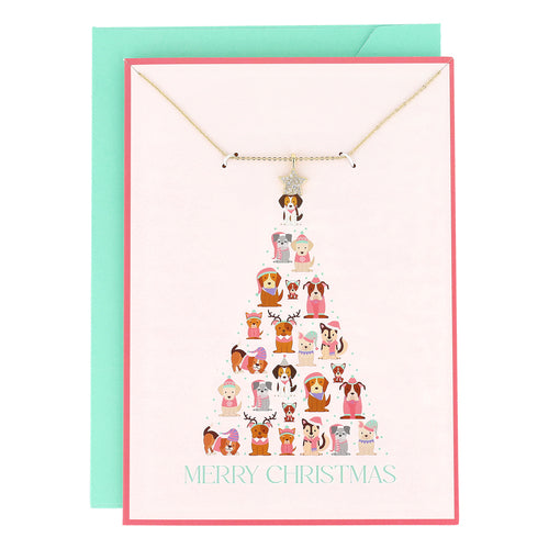Dog Christmas Tree Card with CZ Star Pendant Necklace
