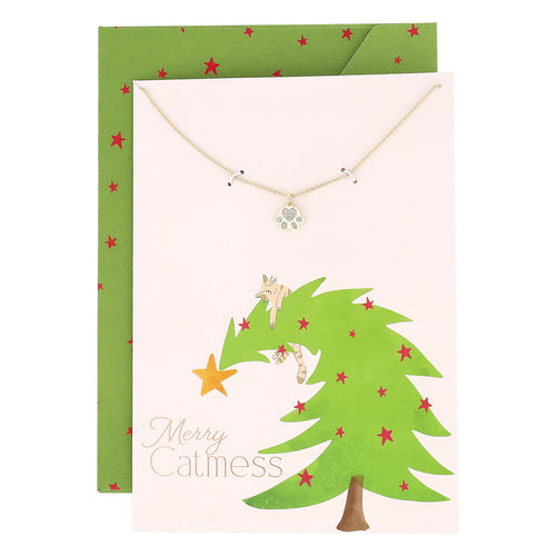 Merry Catmess Card with CZ Paw Pendant Necklace